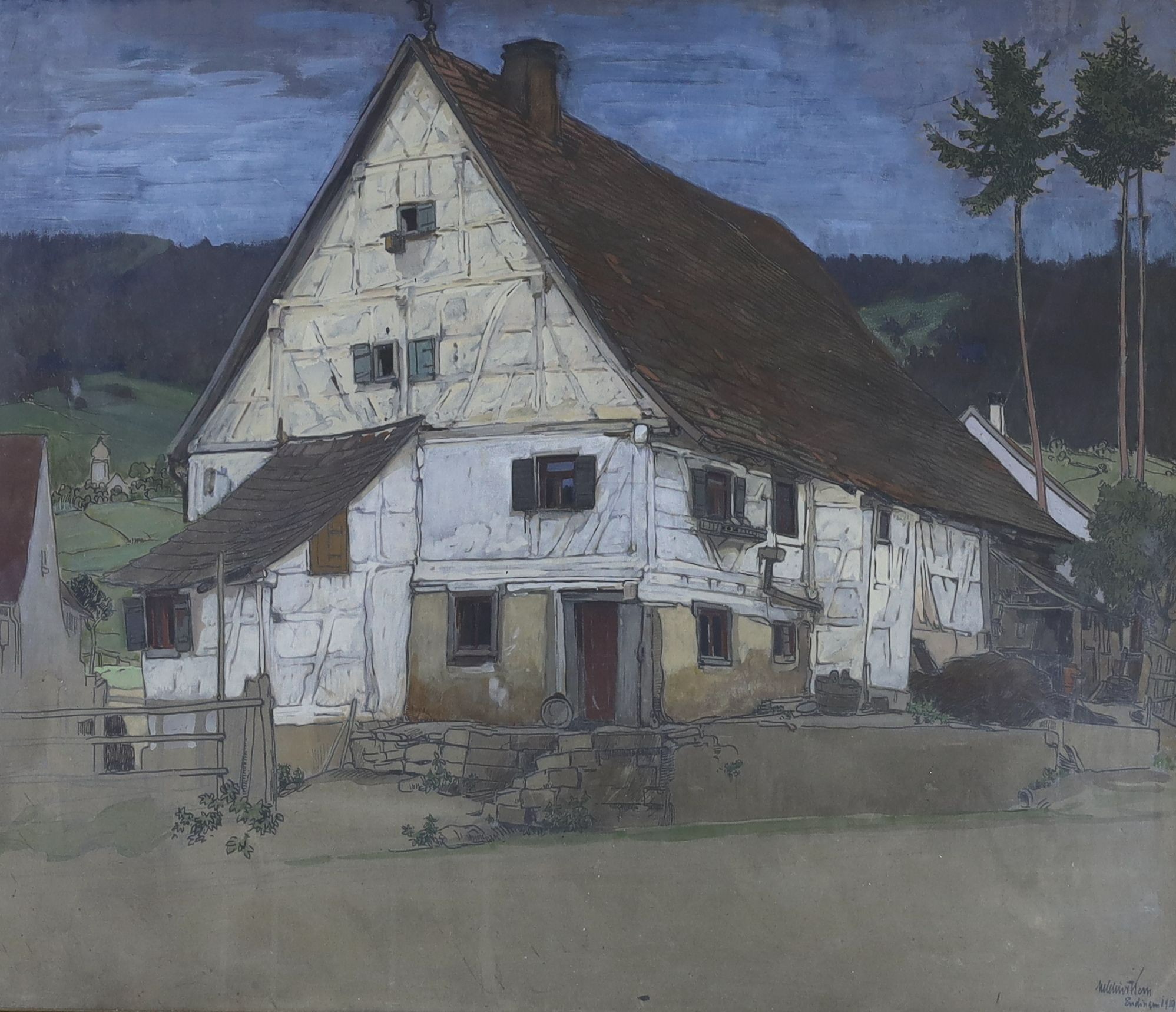 Melchior Kern (1872-1947), ink and watercolour on buff paper, Bavarian House, signed and dated 1919, 42 x 49cm
